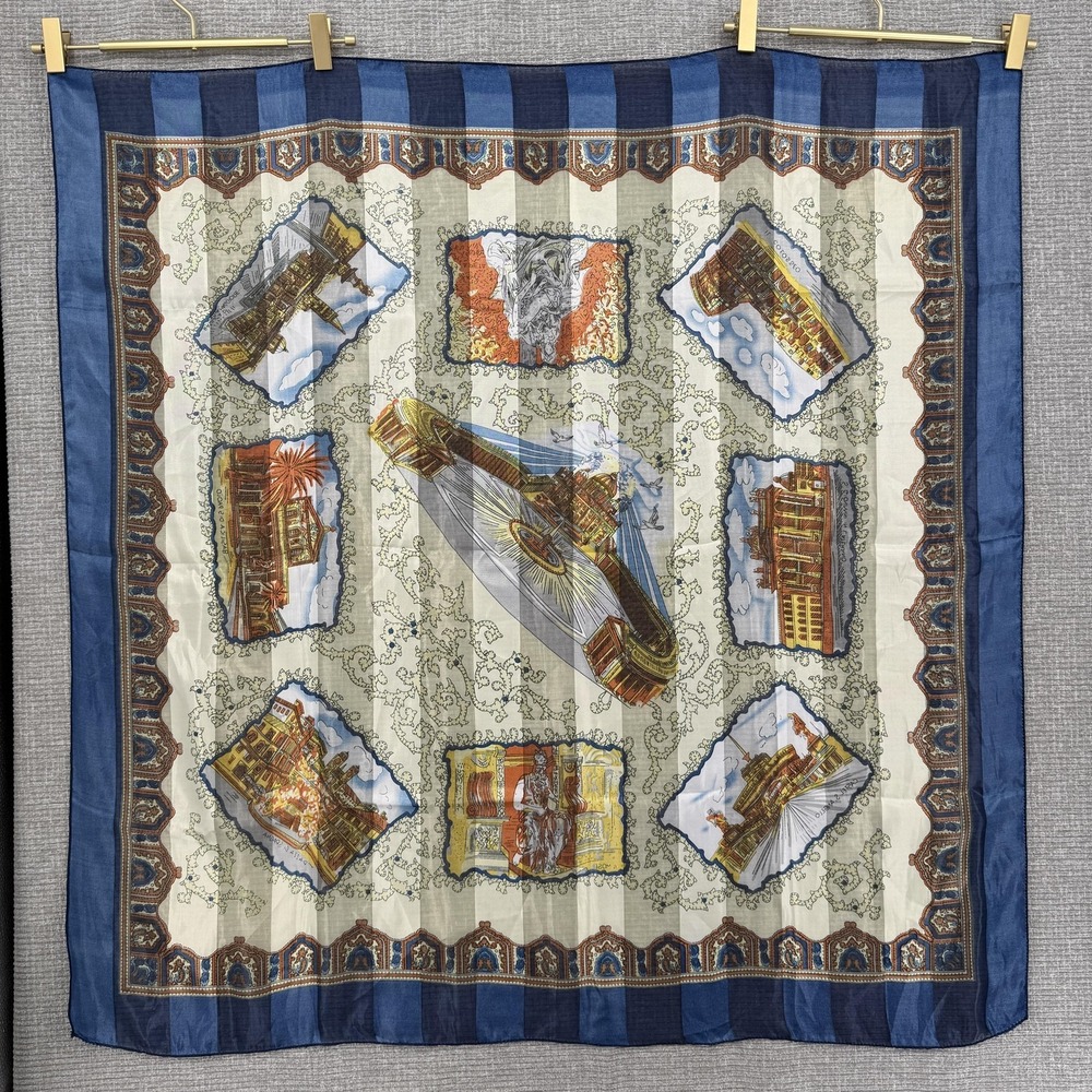 Rome Scarf Womens One Size Blue Silk Satin Square Striped City Landmark Print